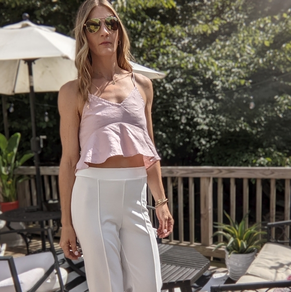 Cropped Spaghetti Strap Ruffled Blouse | 100% Linen | Blush Pink | Size XS - Picture 9 of 10